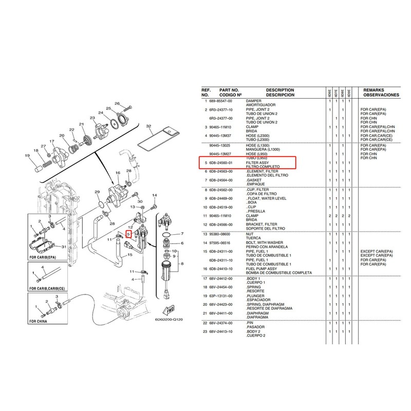 Outboard Engine Fuel Filter with Line 6D8 24560 00 for
