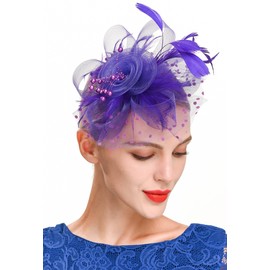 Fascinators Hat for Women Tea Party Headband Kentucky Derby Wedding Cocktail Flower Mesh Feathers Hair Clip (1-Purple)