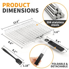 BBQ Fish Grill Basket for Outdoor Grill, Stainless Steel Vegetable Grilling Basket with Detachable and Foldable Handle Includes basting Brush (Deep Basket)