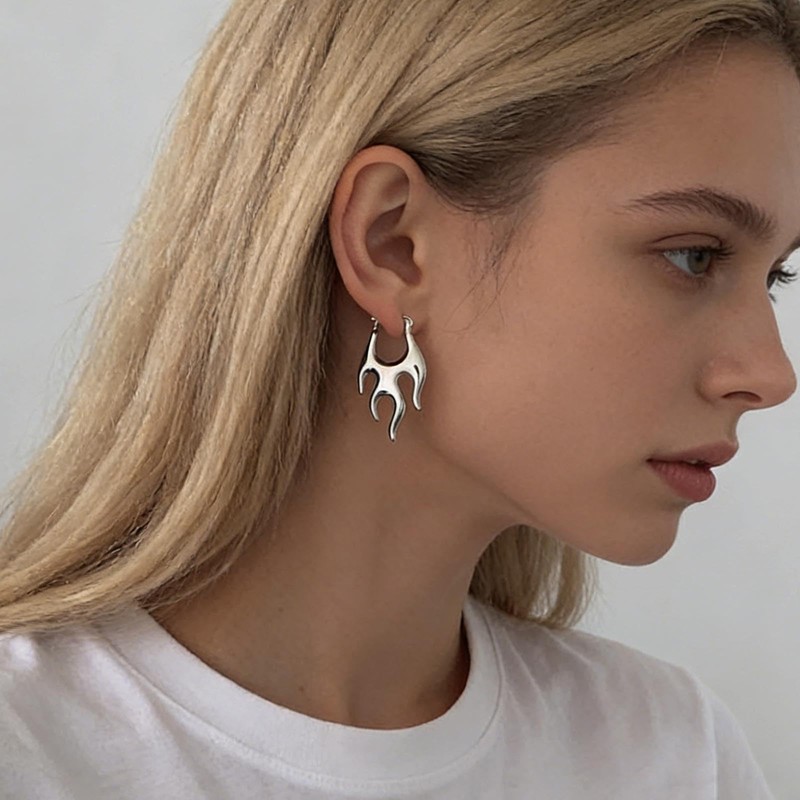 Sttiafay Punk Flame Hoop Earrings Silver Fire Flame Dangle Earrings