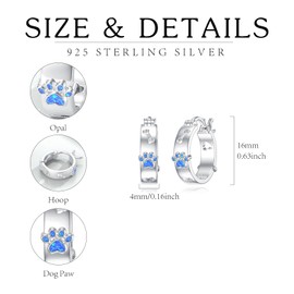 Hoop Dog Paw Earrings 925 Sterling Silver Cat Dog Paw Print Earrings Opal Animal Jewelry Gifts for Women, Sterling Silver, Sterling Silver Opal, Opal