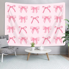 Etsyoki Pink Tapestry Bow, Girls Coquette Room Decor, Preppy Girly Aesthetic Tapestries Wall Hanging for Teen Girls Room College Dormitory Bedroom Dorm Apartment Decor, Pink Wall Decor, 60X40in