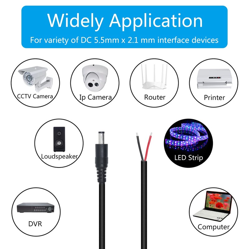 12V DC Power Pigtails Cable,0.5m/1.65ft DC 5.5mm x 2.1mm Male