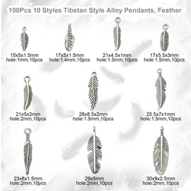 Ornazy 100 pcs 10 Styles Tibetan Feather Charms Antique Silver Angel Wing Feather Dangle Charm for DIY Crafting Bracelet Necklace Jewellery Making