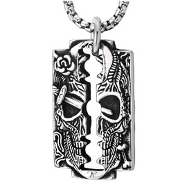 COOLSTEELANDBEYOND Mens Razor Blade Pendant Necklace with Sugar Skull, Stainless Steel, 30 inches Chain