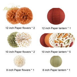 NICROLANDEE Fall Decorations, 12 PCS Orange Maple Leaf Paper Lanterns Tissue Pom Poms for Thanksgiving Day Backdrop Decoration, Fall Wedding, Birthday, Autumn Harvest Party Decor