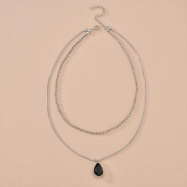 Crymystal Black Teardrop Pendant Necklace Layered Silver Crystal Necklace Bead Necklace Chain Rhinestone Teardrop Choker Necklace Jewelry for Women and Girls Gifts