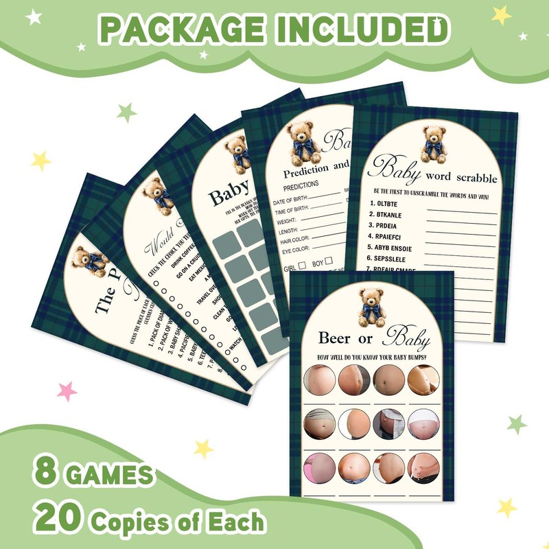 Bear Baby Shower Decorations, 144 Pcs Games Set for 20