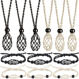 Anjiucc 6 PCS Crystal Necklace and 6 PCS Crystal Gem Bracelet Cord Empty Stone Holder Hand-Woven Necklace Cord with Adjustable for Stone Necklace DIY Bracelet (Black+Beige)