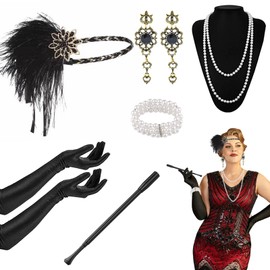 6 Pieces 1920s Accessories for Women, Roaring 20's Flapper Great Gatsby Accessories Set with Headband Long Gloves Pearl Necklace Bracelet Earrings Handheld Holder for Ladies Girls Party Prom