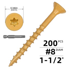 200 PCS #8 x 1-1/2" Exterior Wood Screws, T25 Star Torx Drive Deck Screws, Tan, Rust Resistant Epoxy Coated, Flat Head Self Tapping Outdoor Timber Screws, Star Drive Bit Included