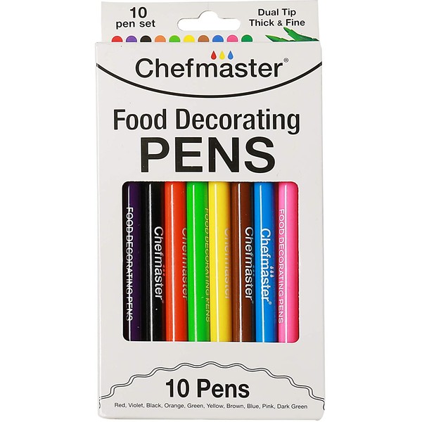 Chefmaster - Food Decorating Pens - Edible Markers - 10 Pack - Dual-Tipped Pens, Fade-Resistant Color, Easily Decorate Desserts