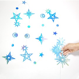 6 Strings Christmas Decorations Shiny Star Garland Space Décor Starry Night Backdrop Sun Moon Hanging Birthday Decorations New Year Banner Ramadan Streamer Wedding Party Décor (Iridescent Blue)