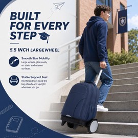 AGSDON Quiet Glide Rolling Backpack with Lunch Box Set - Large Wheel Water-Resistant Wheeled Bag for Business, Travel, and College | Navy Blue 3-in-1 Organizer Backpack