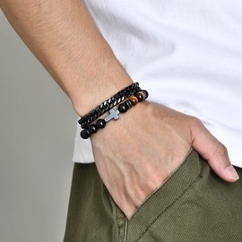 MEALGUET 2 pcs Men's Stainless Steel Bracelets : Black Gemstone Tiger Eye and Agate Cross Beaded Bracelet and Stainless Steel Chain Matching Bracelets Set, Gift Idea for Men,Son,Boyfriend,Husband,dad