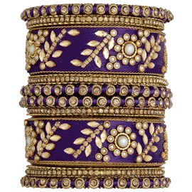 Aheli Traditional Wedding Designer Silk Thread Faux Stone Studded Bridal Bangle Set Chuda Indian Ethnic Bollywood Fashion Jewelry Gift for Women Purple