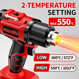 FULLYEA Cordless Heat Gun with 2 x 4.0Ah Batteries, 5 Nozzles Hot Air Gun Kit Portable, Max 1022°F (550°C) Fast Heating, 2-Temperature Setting, Heat Gun for Shrink Tubing, PVC Wrap, Crafts