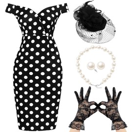 JenPen 5 Pcs Tea Party Dresses Vintage Rose Polka Dot Dress 1950s Derby Pencil Bodycon for Women Ladies Party Attire(Medium,Fresh,White Black)