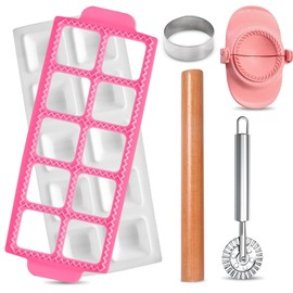 UgyDuky 5 Pcs Ravioli Mold Set Include Square Ravioli Maker Press, Wood Rolling Pin, Empanada Maker Press, Dough Cutte and Ravioli Wheel, Pasta Making Tools, Ravioli Press Mold, Makes 10 Ravioli