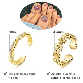 Finrezio 2PCS 14K Gold Fillled Toe Rings for Women Cute Hug CZ Flower Simple Band Toe Rings Beach Summer Foot Jewelry for Women