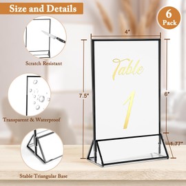 Floroom 6 Pack 4x6 Inch Clear Acrylic Sign Holders, Double-Sided Black Display Stand Picture Frames for Table Numbers, Menus, Flyers, Weddings, and Offices