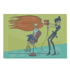 Ambesonne Hair Salon Cutting Board, Funny Cartoon Illustration of Day in Beauty Salon Hairdresser with Blow Dryer, Decorative Tempered Glass Cutting and Serving Board, Large Size, Multicolor