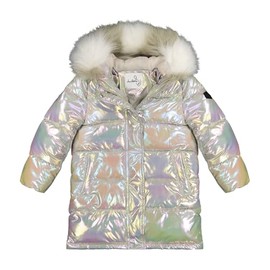 Sam Edelman Girls' Iridescent Puffer Coat - Faux Fur Hood, Warm Polyester Jacket, Grey, 4