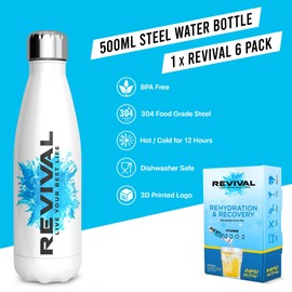 Revival Rapid Rehydration Starter Pack - 500 ml Steel Water Bottle with 1 x 6 Packs Electrolytes Powder Sachets - Lemon
