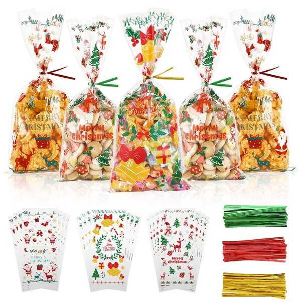 120Pcs Christmas Cellophane Treat Bags, AUERVO Clear Cello Sweet Bags, Santa Claus Bells Elk Pattern Party Bags With Red Green Gold Twist Ties for XMAS Party Supplies Decorations