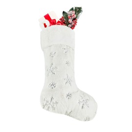 eBoutik - Soft Faux Fur Large Christmas Stocking With Sparkle Snowflakes - Large White 20 Inch Soft Thick Plush Hanging Stockings for Family Holiday, Fireplace Decorations (Silver)