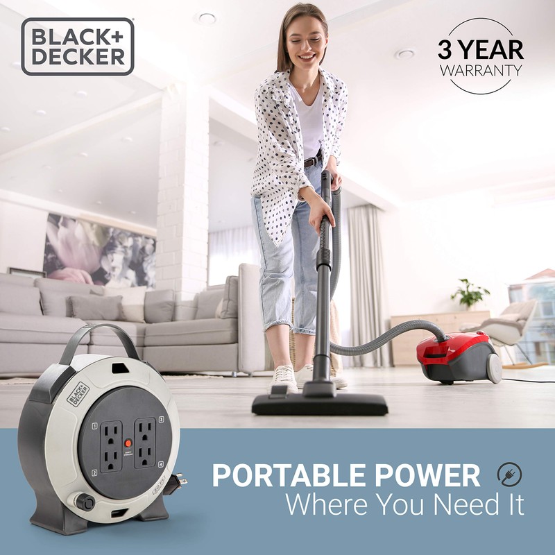 BLACK+DECKER Retractable Extension Cord Reel 20 Ft. With 4 Outlets,