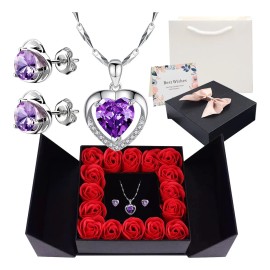 Flores Rosas Eternas Y Collar De Corazón Para Mujeres Color Violeta