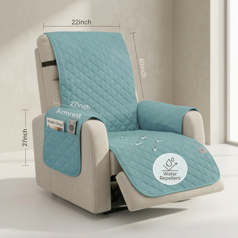 Gray Quilted Recliner Cover with Polyester Fabric, Side Storage Pocket