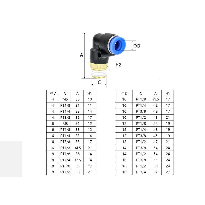 Pneumatic Push-in Fitting Angle 90° 1/8 Inch to 10 mm