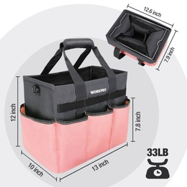 WORKPRO Garden Tool Bag, Heavy Duty Gardening Tote Bag Organizer with 10 Pockets and Long Adjustable Shoulder Strap, Standable Garden Home Tool Kits Organizer, Pink