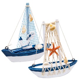 JJQHYC Pack of 2 Wooden Sailing Boat Maritime Decorative Ship Bathroom Decoration Sailing Ship Model for Office Nautical Wooden Boat