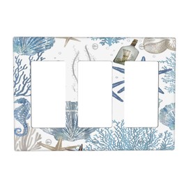 Teikkiop Nautical Ocean Coral Starfish Seahorse Light Switch Cover Decorative 3 Gang Triple Rocker Coastal Beach Seashell Outlet Wall Plate Electrical Faceplate Switchplate For Home Bathroom