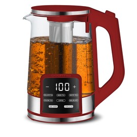 Gourmia Electric Programmable Glass Kettle – 1.7L Temperature Control Tea & Coffee Kettle with Digital Touch Display, 6 Presets, Keep Warm, Removable Stainless Steel Infuser, 360° Swivel Base – Red