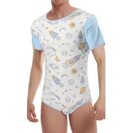 CutiePlusU Men's Cotton Button Crotch Bodysuits Adult Romper Onesie for Men-Romantic Planet White L