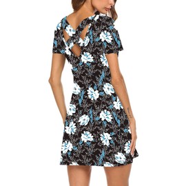 Feager Summer Dresses for Women Beach Floral Tshirt Sundress Backless Casual Mini Dress Black Floral L