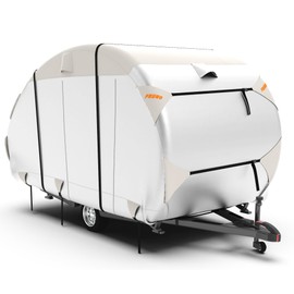 FRUNO Oxford Fabric Teardrop Travel Trailer Cover Fits 8'-10' Waterproof Rip-Resistant Anti-UV Camper Cover for Winter Snow with 2 Tire Covers