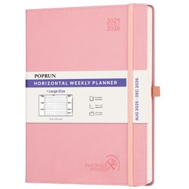 POPRUN Calendar 2025 2026 Horizontal Weekly Planner (Aug.2025-Dec.2026) Hard Cover with PU Leather, Approx. A4 (21.8 x 26.4 cm), 17-Month Diary 1 Week 2 Pages, Soft Pink