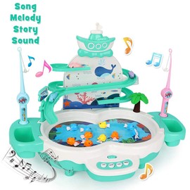 Magnetic Baby Fishing Toy Set, 3 in 1 Fishing Game for Toddlers & Kids with Slideway & Music Story, 10 Fish, 3 Dolphins, 2 Toy Fishing Poles, Learning Educational Toys Sound Effect Toy (Red)