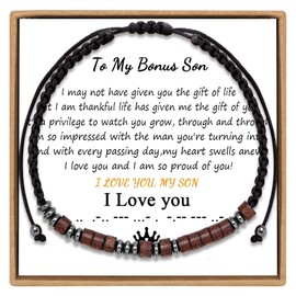 JoycuFF To My Bonus Son Bracelet from Mom Morse Code Bracelet for Son I Love You Inspirational Jewelry Funny Unique Male Friends Birthday Christmas Mothers Day Friendship Anniversary