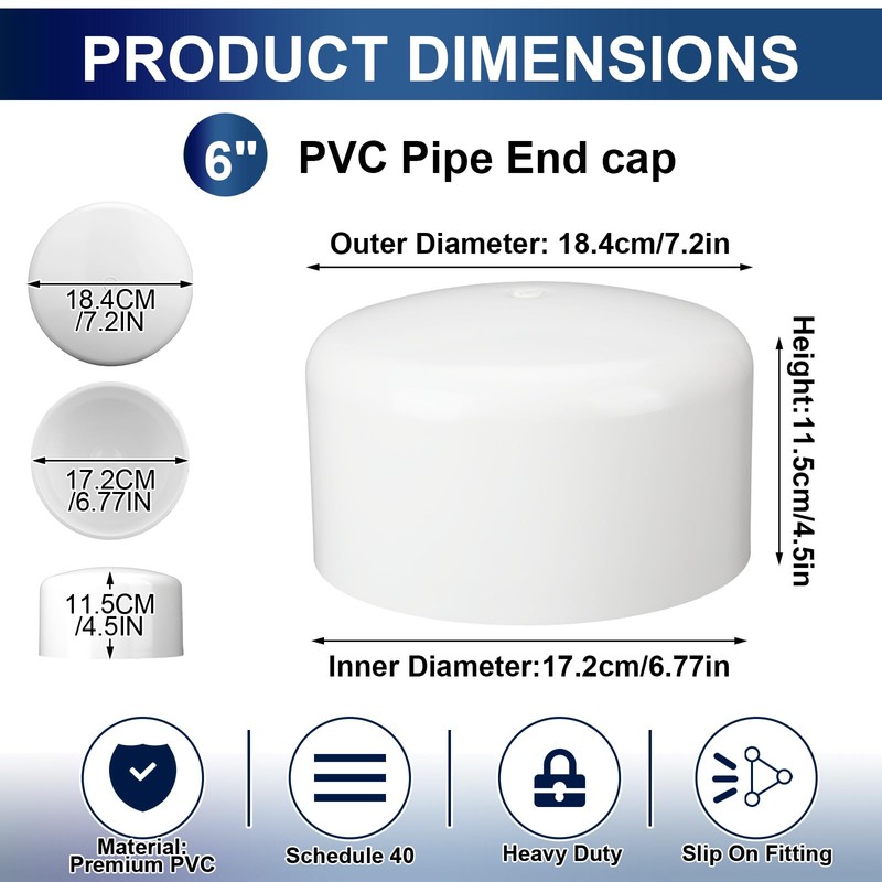 8 Pcs 6 Inch PVC End Cap Round, Schedule 40
