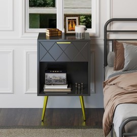 Black Nightstand, Bedside Table with Storage Drawer and Open Wood Shelf, Side Table with Gold Legs, Modern Style Night Stand End Table Drawer Dresser for Living Room Bedroom MLBZ19B