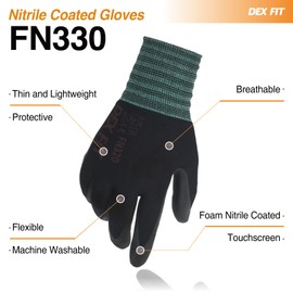 DEX FIT Work Gloves FN330, 3D Comfort Stretch Fit, Power Grip, Durable Foam Nitrile Coated, Smart Touch, Thin & Lightweight, Machine Washable (XX-Large(3 Pairs), FN330 Black)