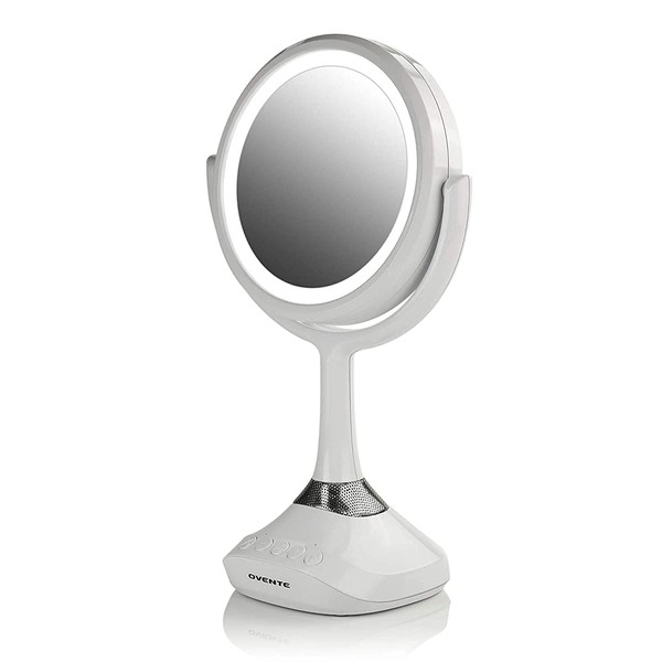 Ovente Portable Table Top Makeup Mirror Cool Toned 6 Inch Spinning 1X 5X Magnification Wireless Bluetooth Speaker LED Lit Double Sided for Travel Home or Office USB Rechargeable White MRT06W1X5X