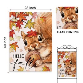 Covido Hello Fall Squirrel Decorative House Flag, Autumn Maple Leaves Acorn Garden Yard Outside Decorations, Seasonal Burlap Outdoor Large Home Decor Double Sided 28 x 40