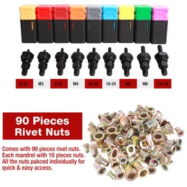AIUITIO 8" Rivet Nut Tool, Rivnut Tool Kit with 9 Metric and SAE Mandrels, Nutsert Rivet Tool Set with 90Pcs Rivnuts, Sturdy Case Packed, Designed for Tight Space